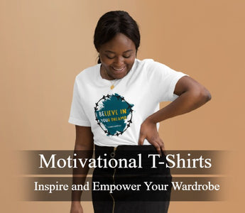 A person wearing a motivational t-shirt with an uplifting message, promoting positivity and confidence through casual fashion. The t-shirt encourages resilience and personal growth, offering inspiration at home, work, or the gym.