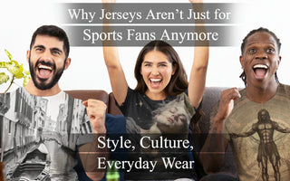 3 people wearing jerseys with different designs