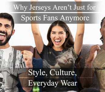 3 people wearing jerseys with different designs