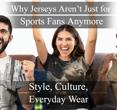 3 people wearing jerseys with different designs