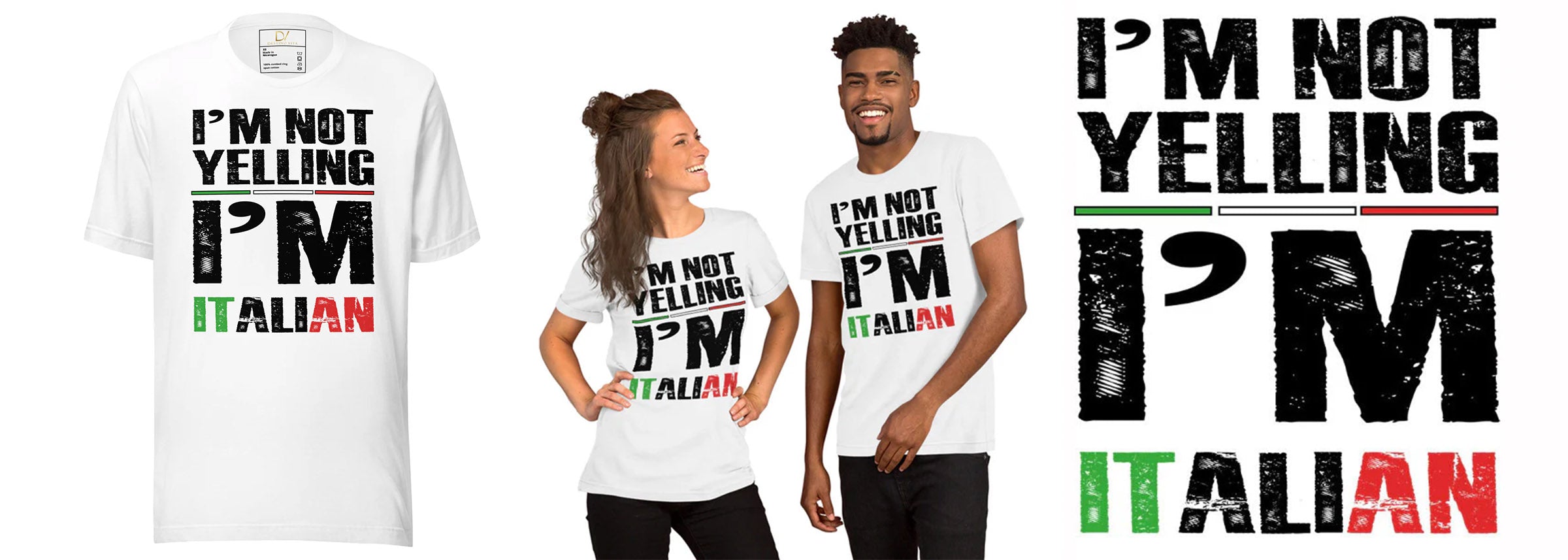 Man and woman wearing t-shirts with the bold print 