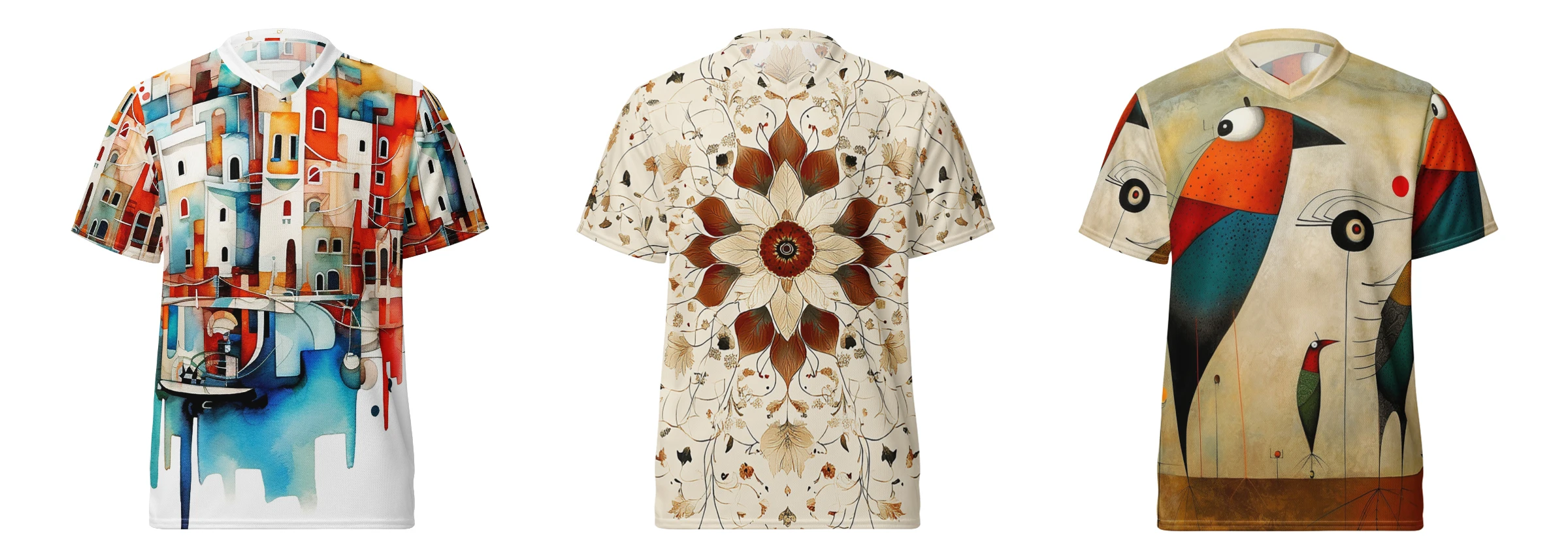 Three jerseys with distinct designs, each showcasing unique patterns and graphics, styled for a bold, casual look