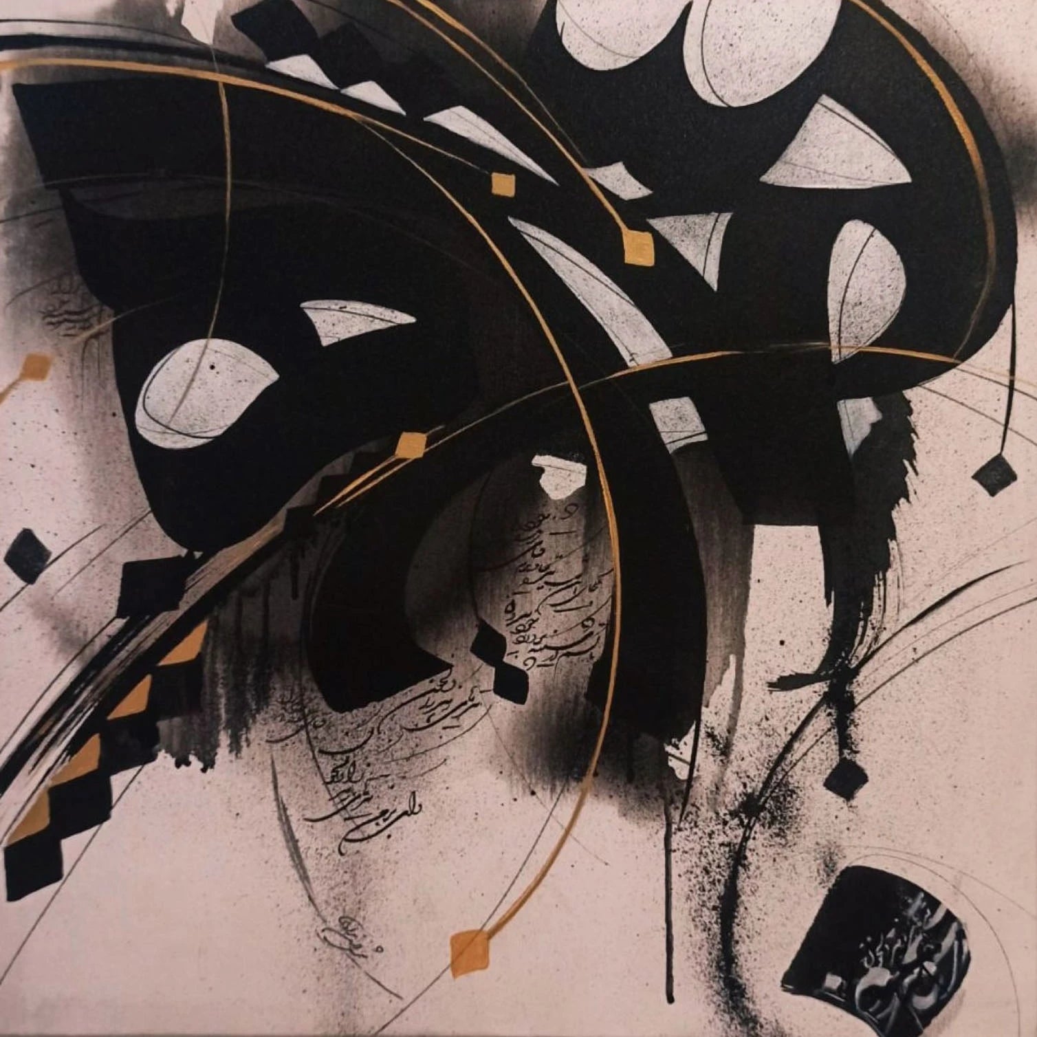 Abstract art piece with black, white, and gold elements on a textured background by Shamsodin Moradi