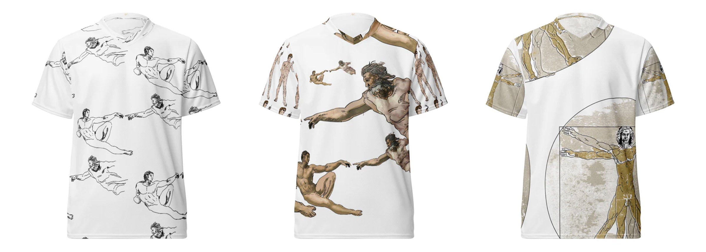 Three jerseys featuring artistic designs: two with *The Creation of Adam* print and one with *Vitruvian Man*, each styled for a distinct and art-inspired look