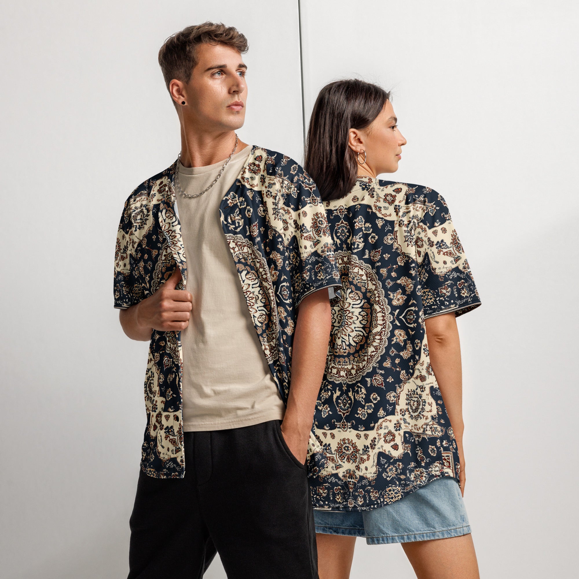 Recycled unisex button-up jersey - Persian rug pattern