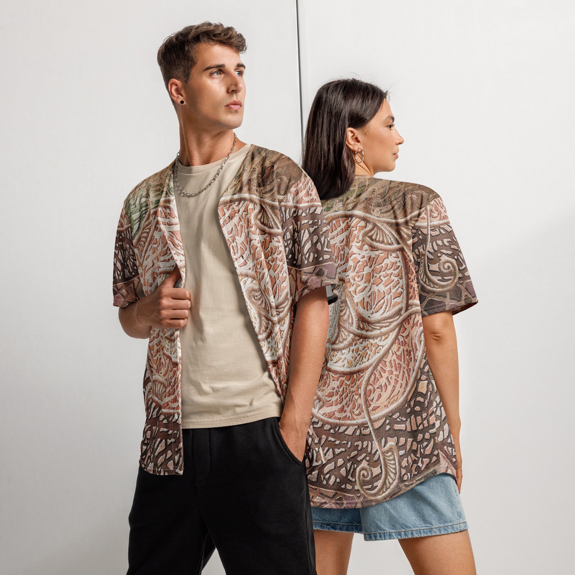 Recycled button-up jersey with Bewilderment painting by Shamsollah Saedi 