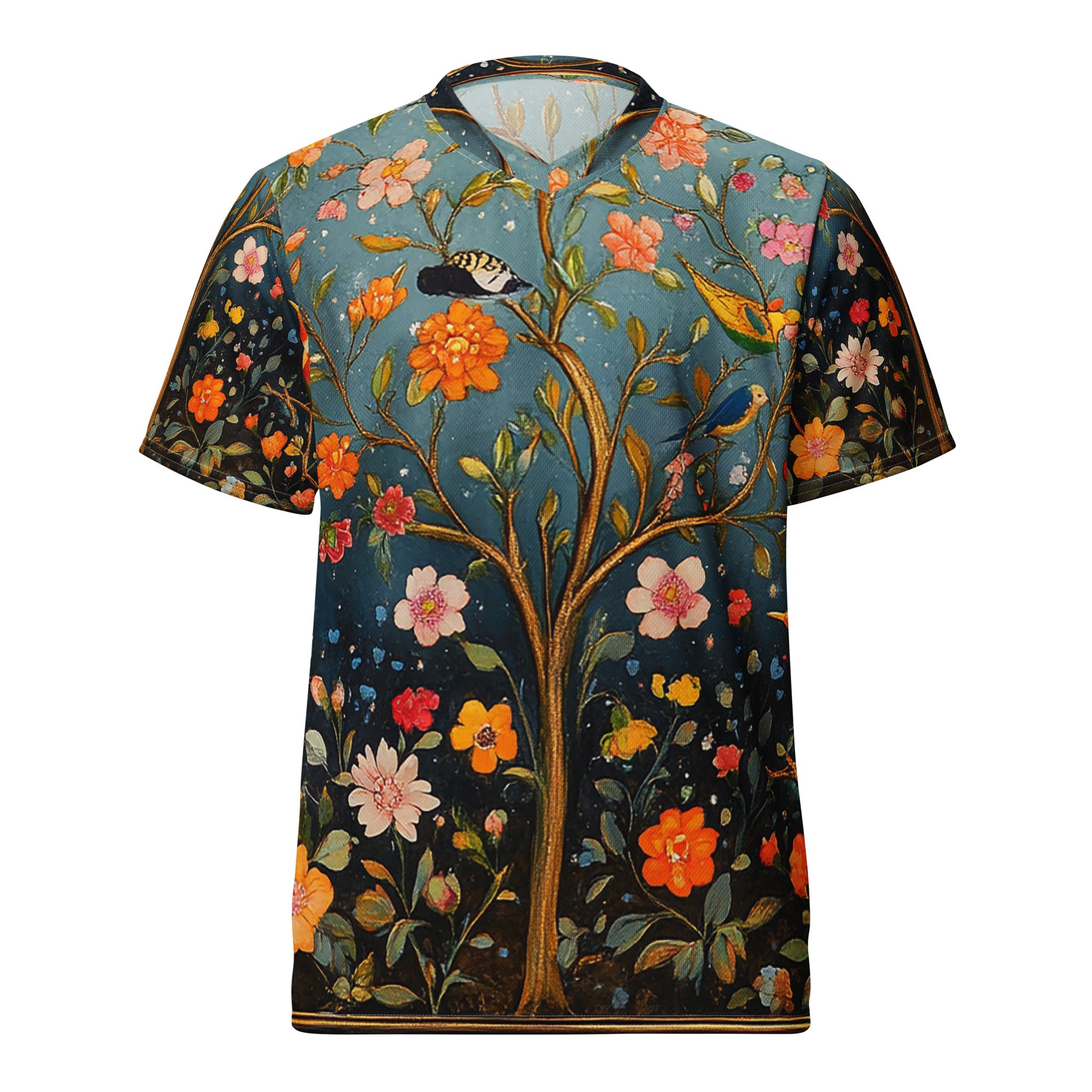 Recycled unisex sports jersey - Garden full of flowers and birds