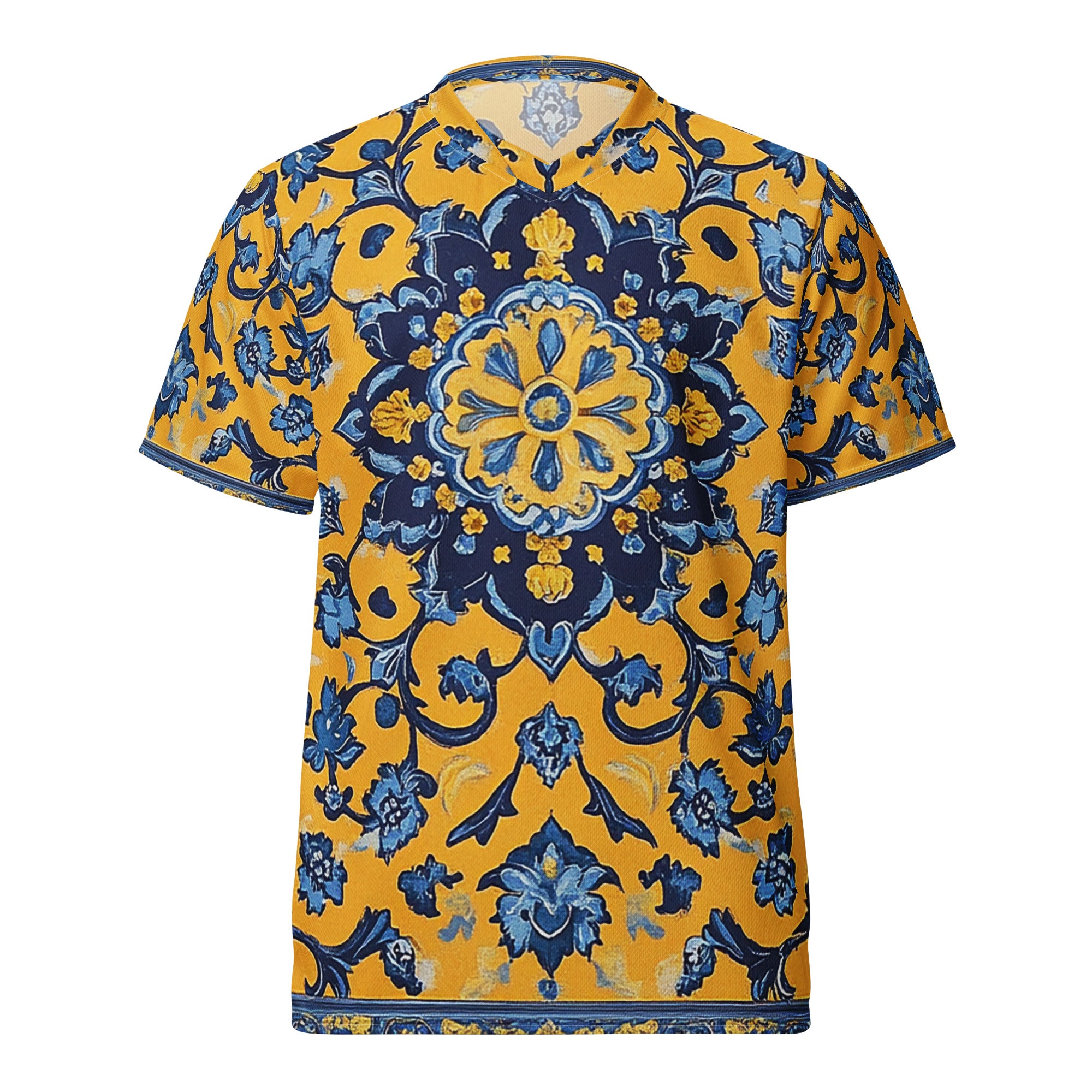 Recycled unisex sports jersey -  Persian motives, Blue and yellow pattern