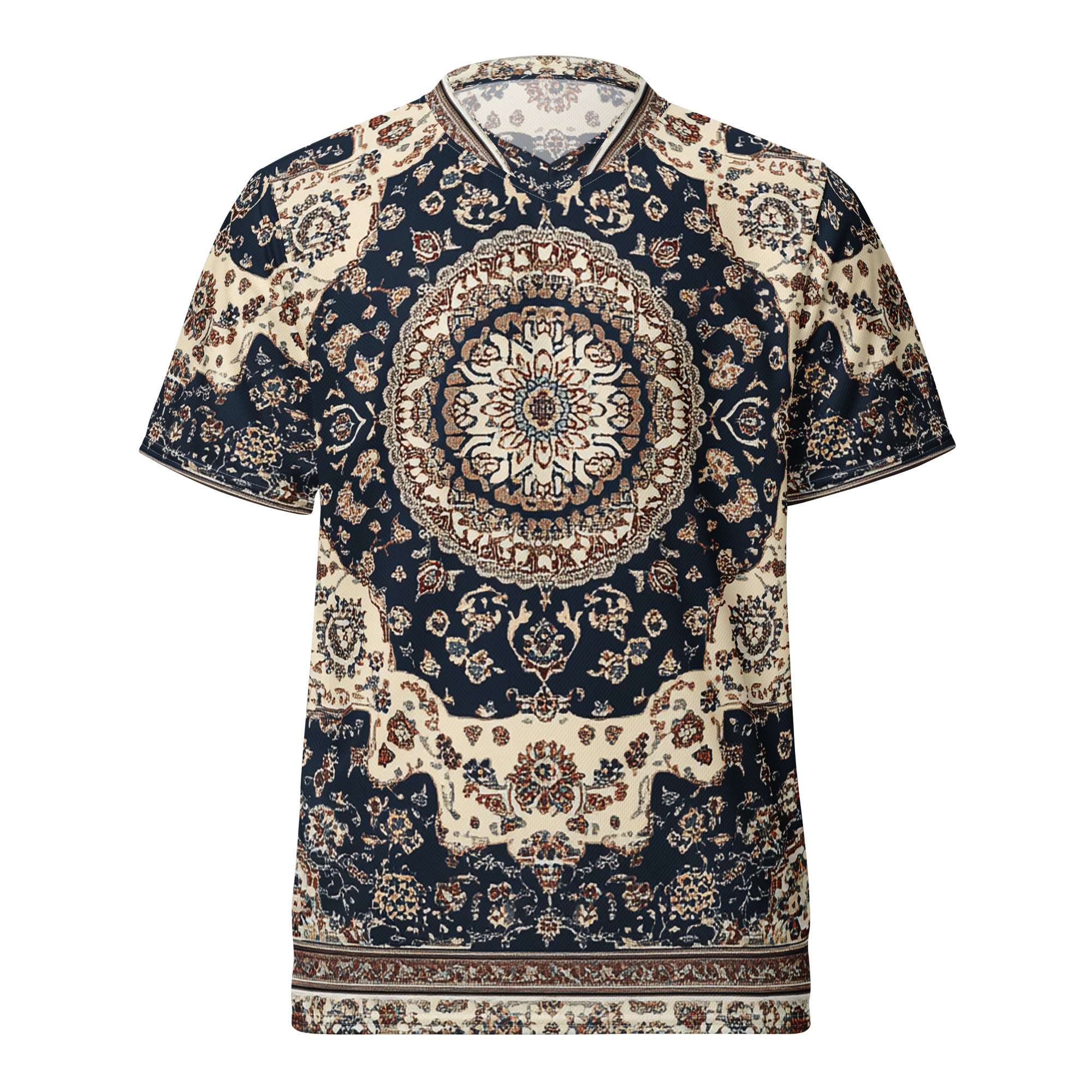 Recycled unisex sports jersey - Blue and brown Persian rug pattern