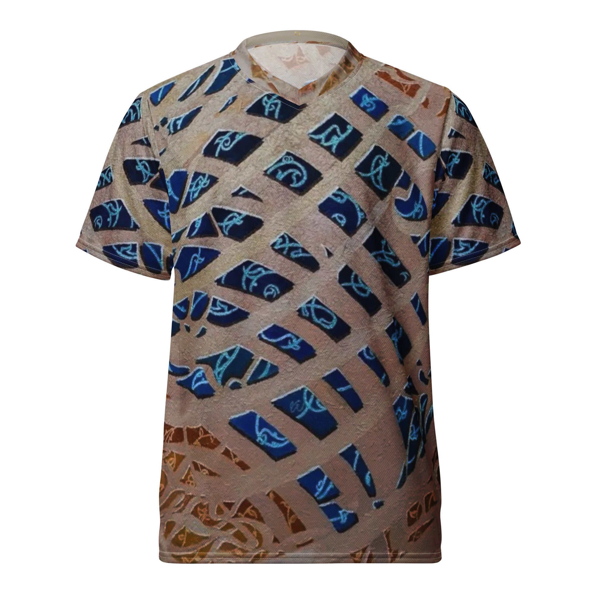 Recycled unisex sports jersey with And Let Us Not Say Why the Heart of Truth Is Blue painting