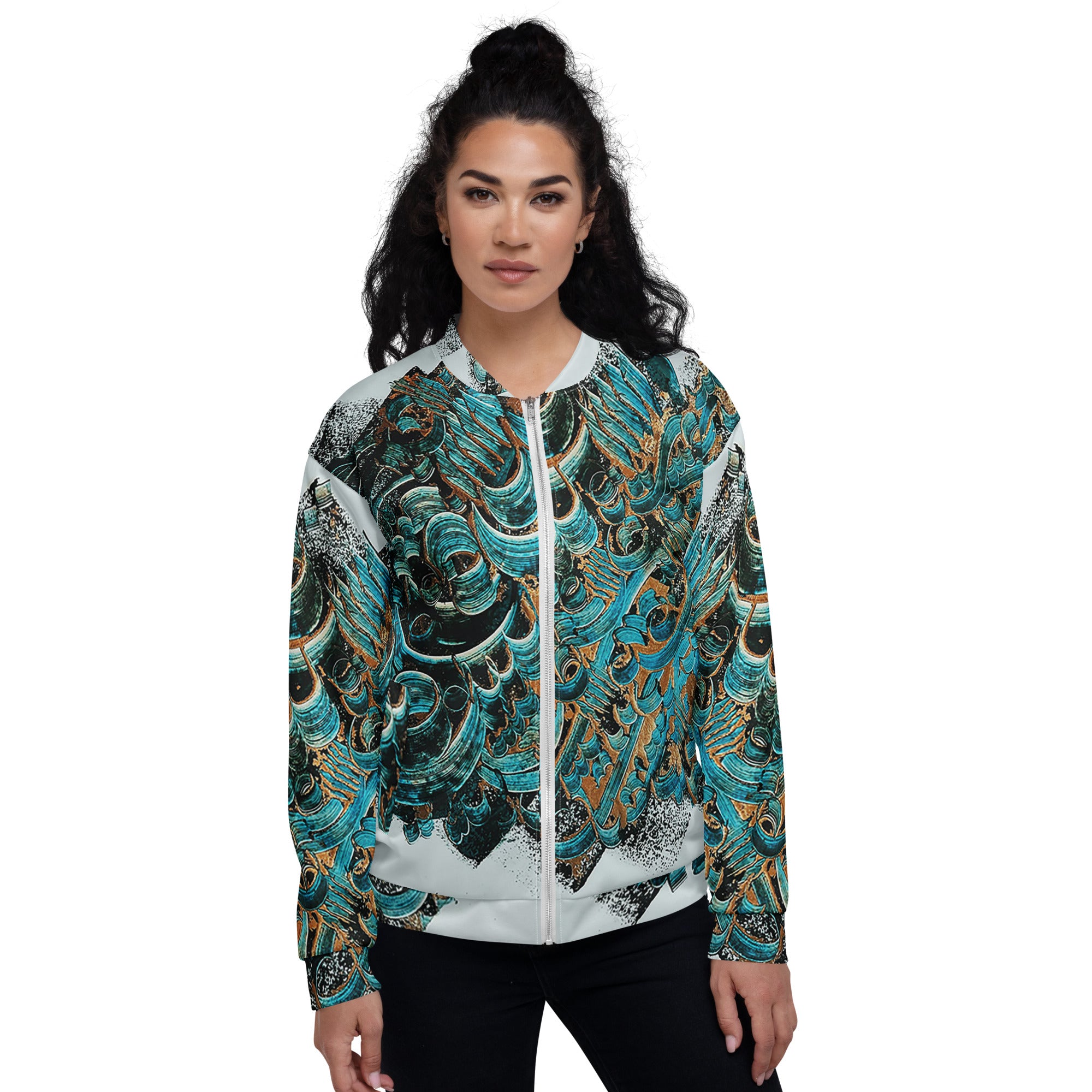 Unisex Bomber Jacket with intricate calligraphy artwork