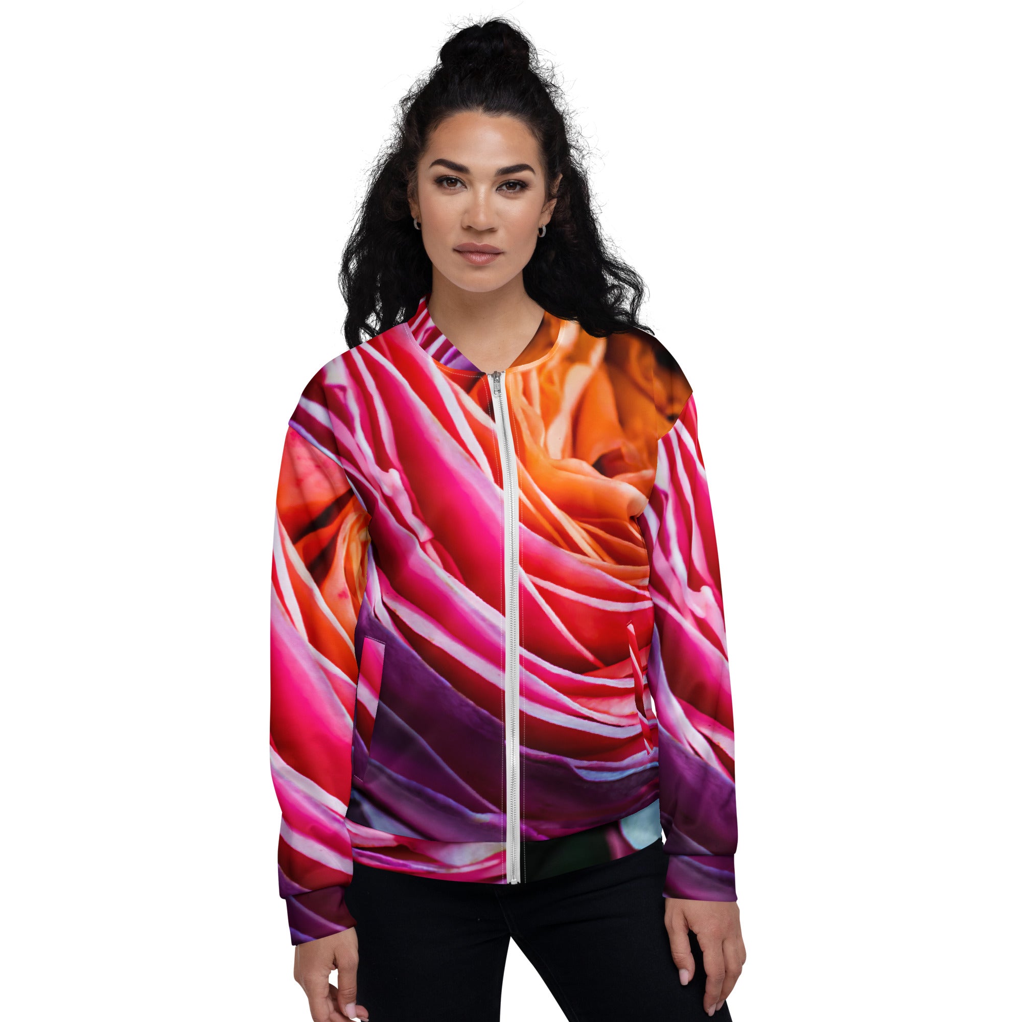 Unisex bomber jacket with close-up floral photograph by Bardia Azizi printed on the fabric.