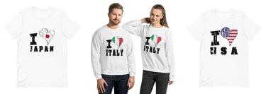  A collage with three images: two showing unisex t-shirts, and one featuring a man and woman wearing unisex sweatshirts with "I Love" prints for three different countries.