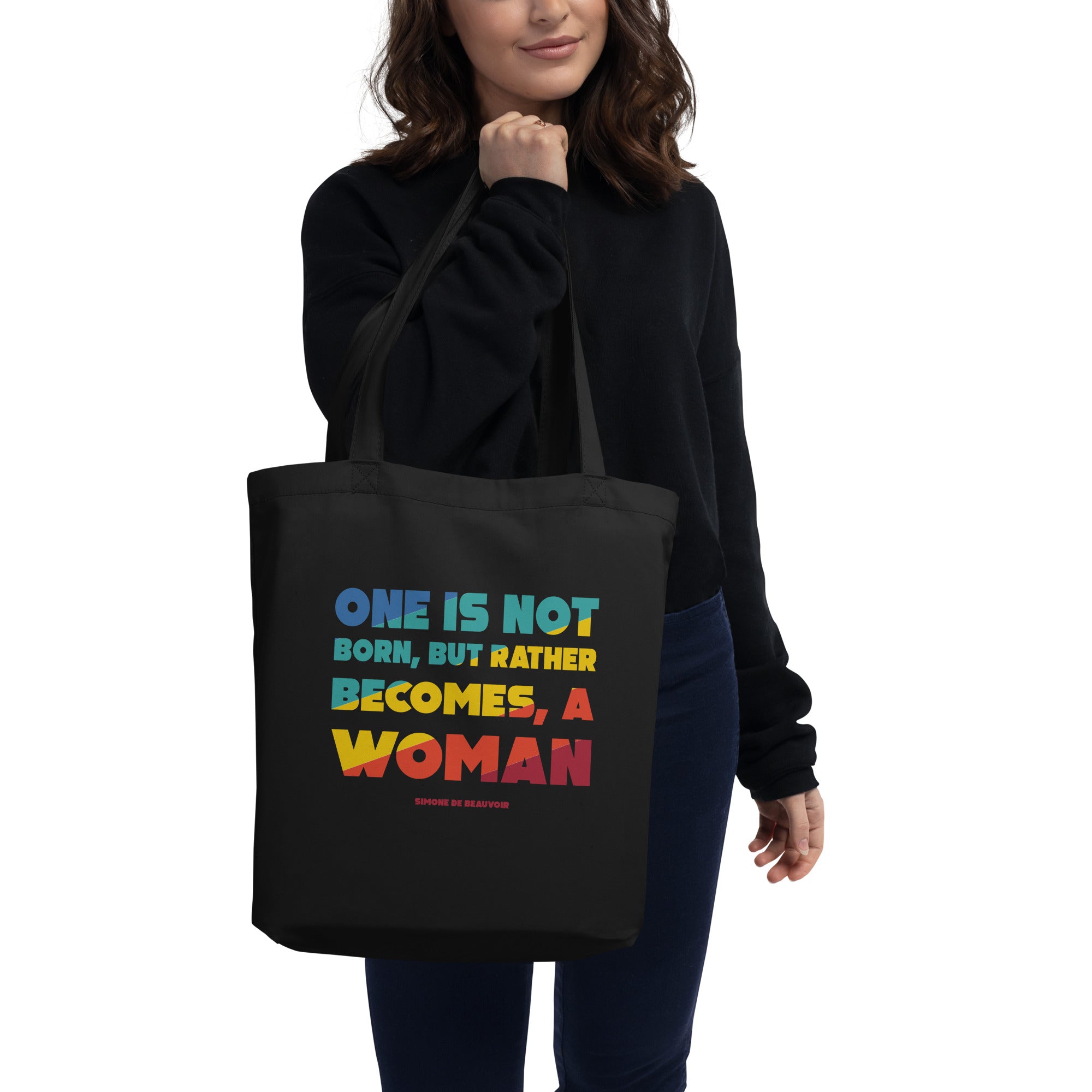 Eco Tote Bag - Simone de Beauvoir quotes, “One is not born, but rather becomes, a woman”