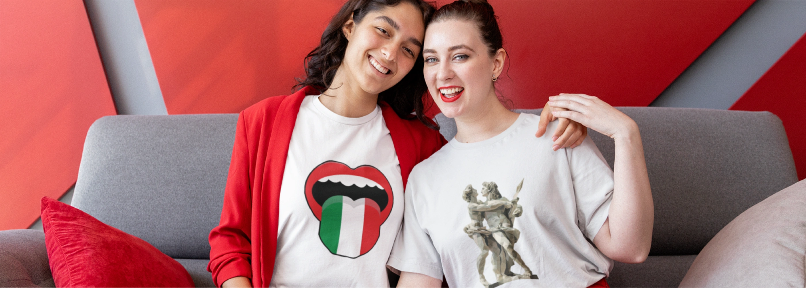 Two women wearing t-shirts with different designs, styled casually to showcase unique prints and individual styles