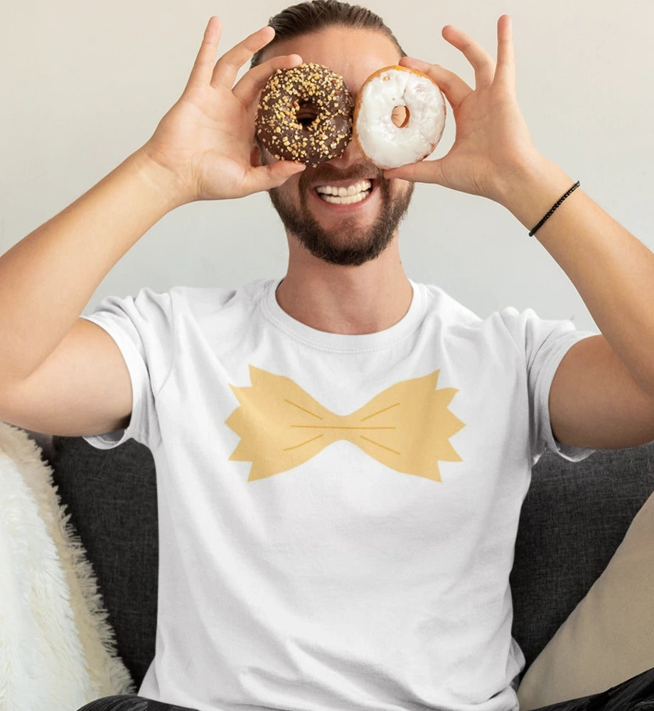 Person holding donuts, wearing unisex t-shirt with pasta graphic design