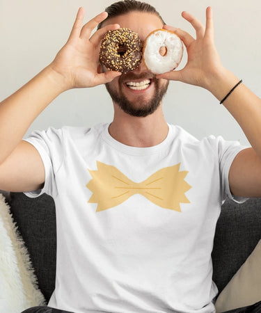 Person holding donuts, wearing unisex t-shirt with pasta graphic design