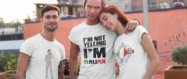 Two men and a woman wearing white t-shirts, each showcasing unique Italian designs inspired by Italian art, architecture, and culture.