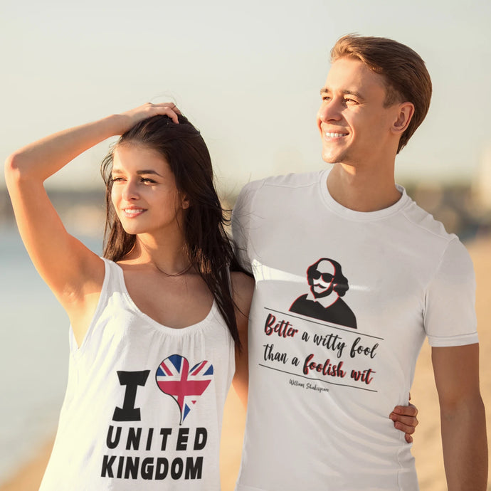 Man wearing a t-shirt and woman wearing a tank top with British-inspired designs.