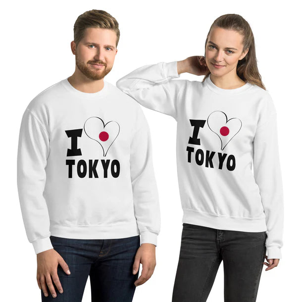 Man and Woman in couple sweatshirts with "I love Japan" design