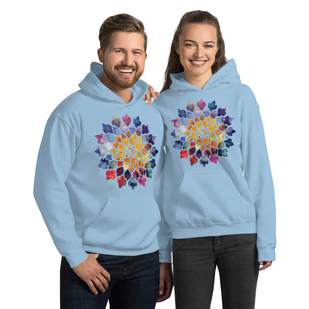 Man and Woman in couple hoodies with Persian carpet design