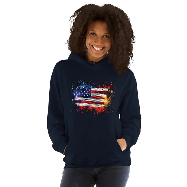 Woman wearing a hoodie with America's flag design