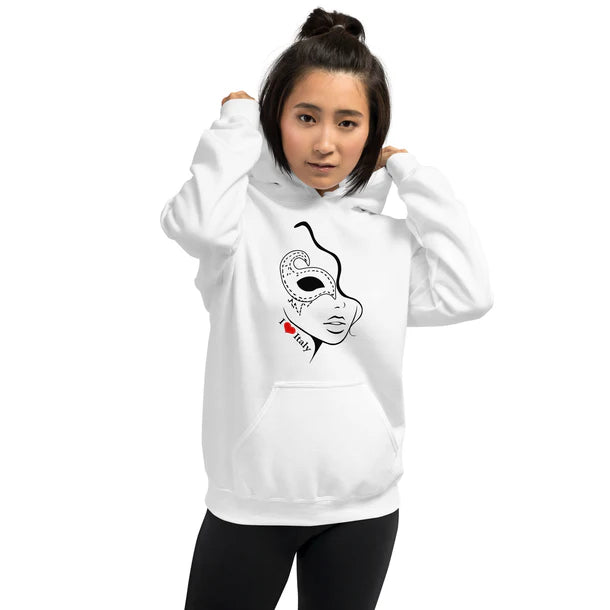 Girl wearing a hoodie with I love Italy mask design on it