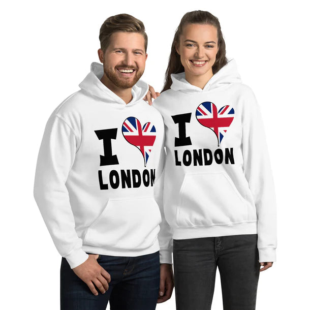 Man and Woman in couple hoodies with "I love London" design