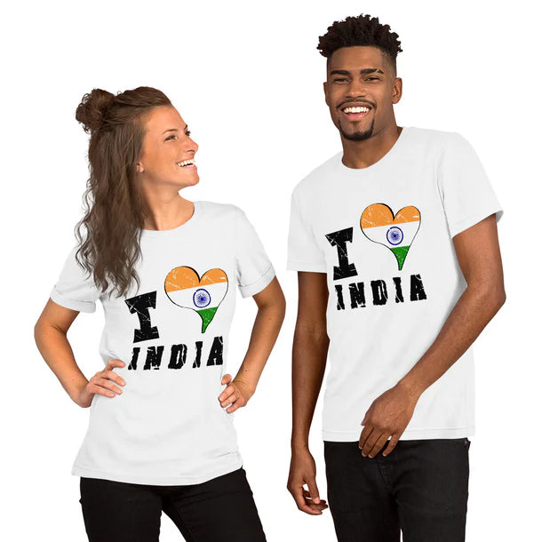 Man and Woman in couple t-shirts with "I love India" design