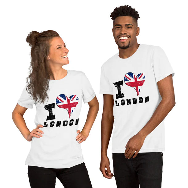 man and woman wearing t-shirts with "I love London" design on it