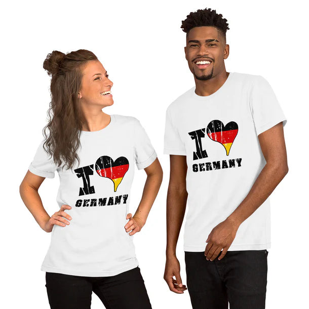 Man and Woman in couple t-shirts with "I love Germany" design