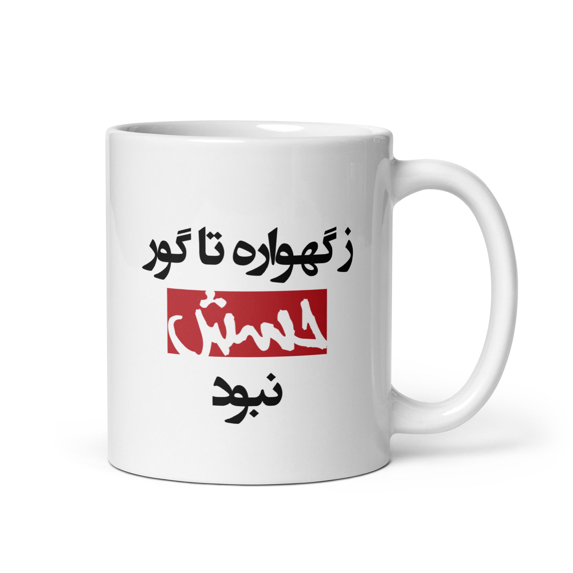 White glossy mug - ز گهواره تا گور حسش نبود