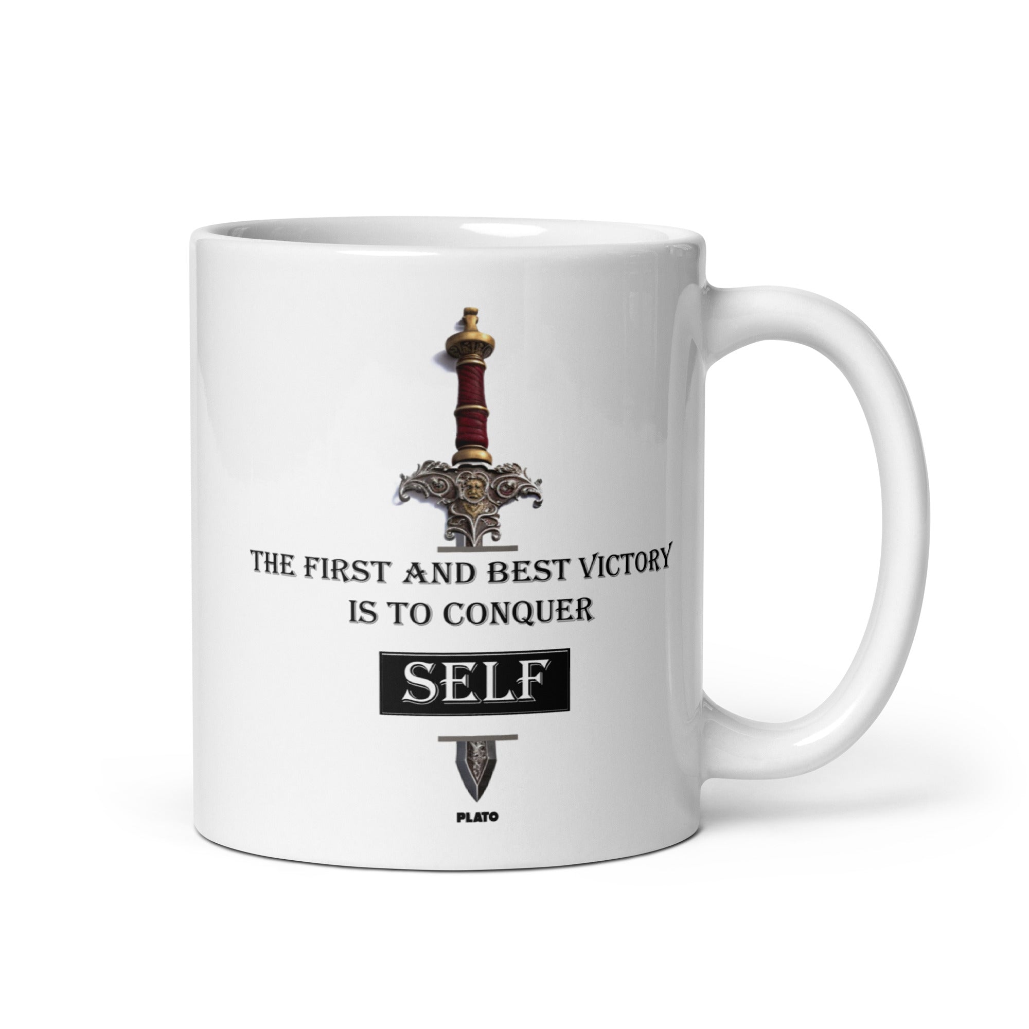 White glossy mug - Plato quotes, "The first and best victory is to conquer self"