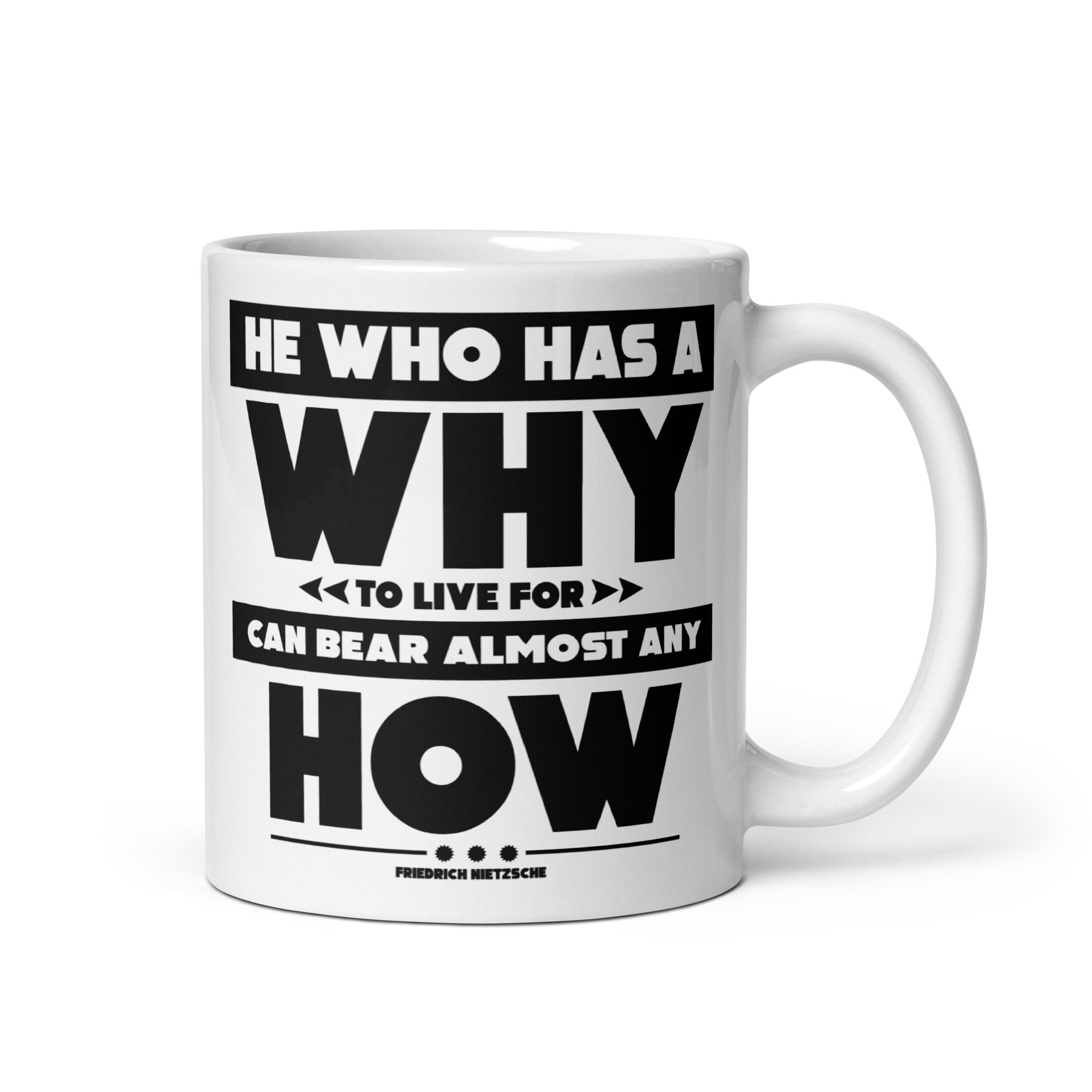 White glossy mug - Friedrich Nietzsche quotes, “He who has a why to live for can bear almost any how.”