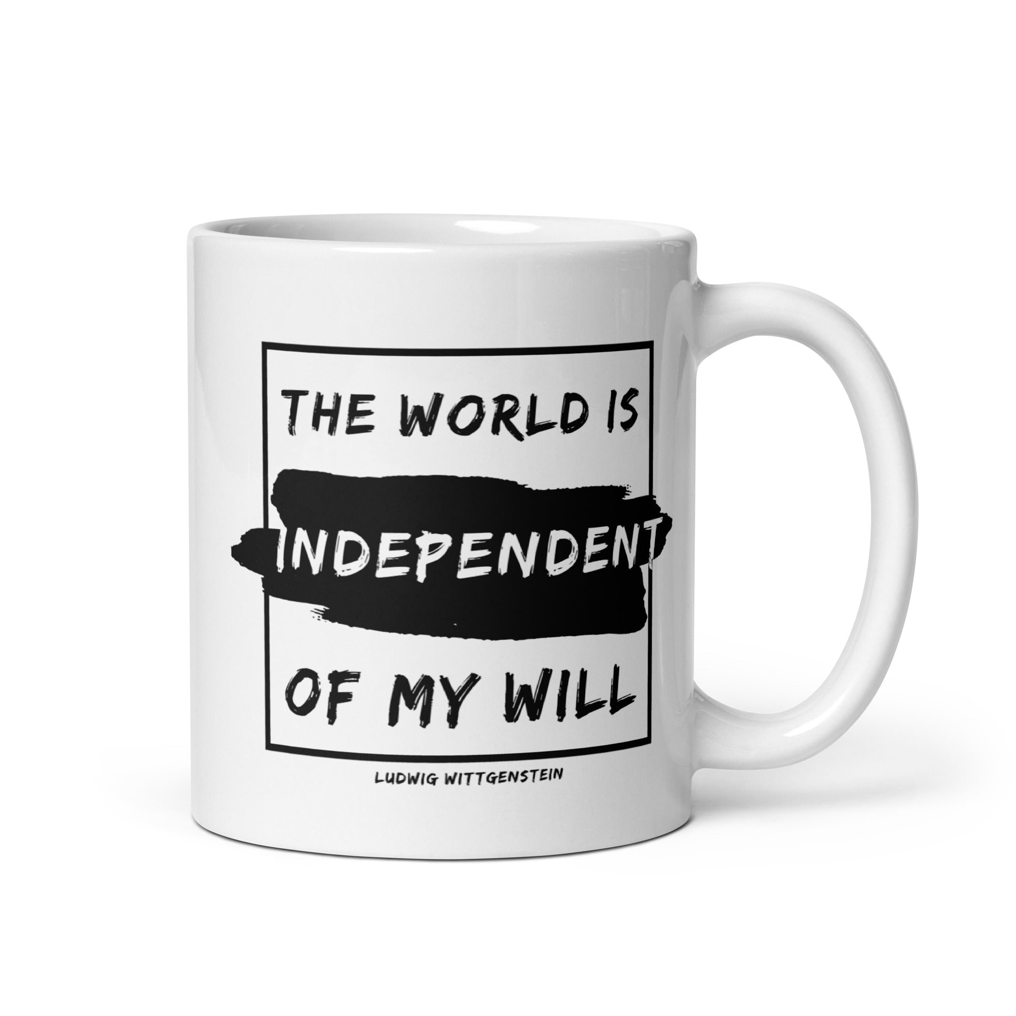 White glossy mug - Ludwig Wittgenstein quotes, "The world is independent of my will"