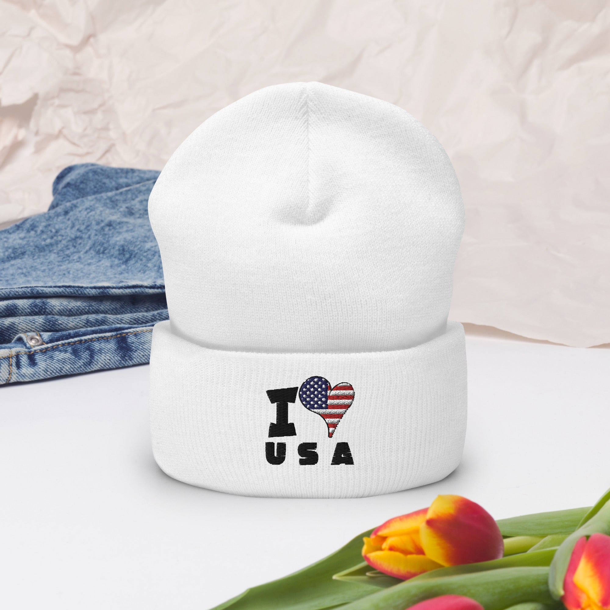 Cuffed Beanie - I Love USA Flag