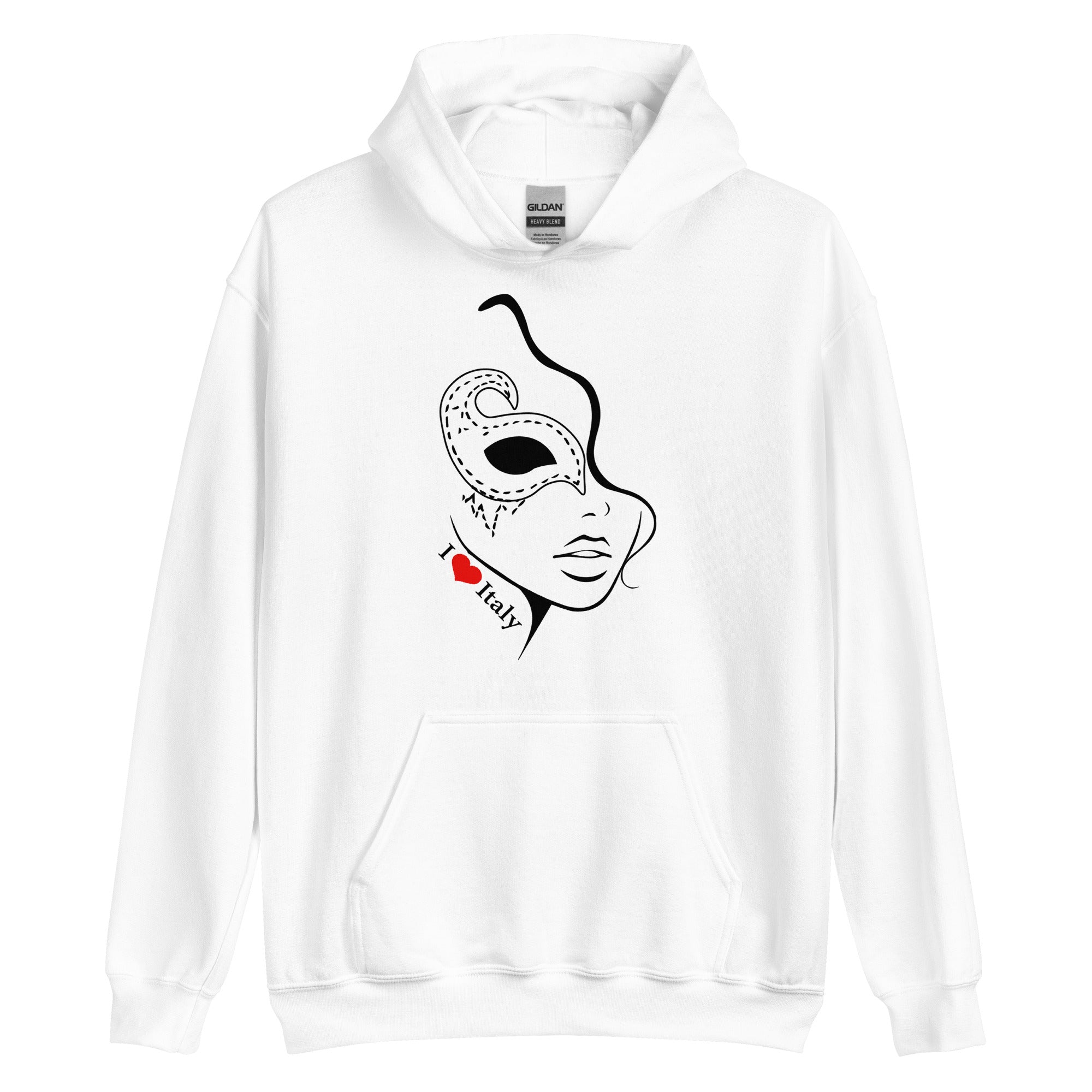 Unisex Hoodie featuring the "I Love Italy" mask design.