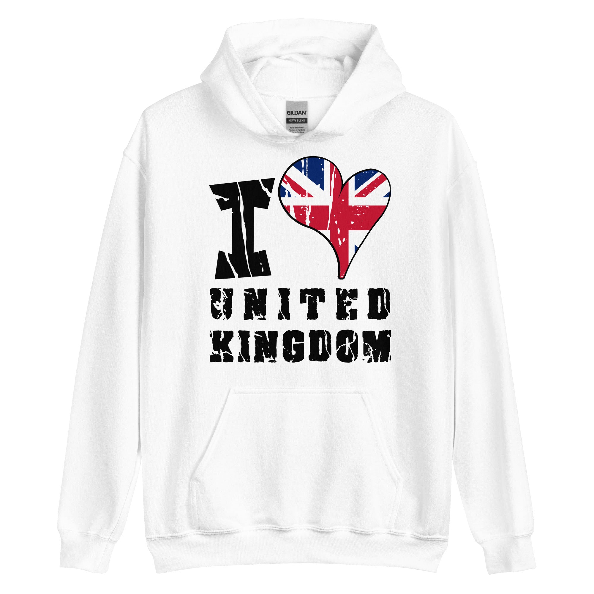 Unisex Hoodie - I Love UK with scratchy flag