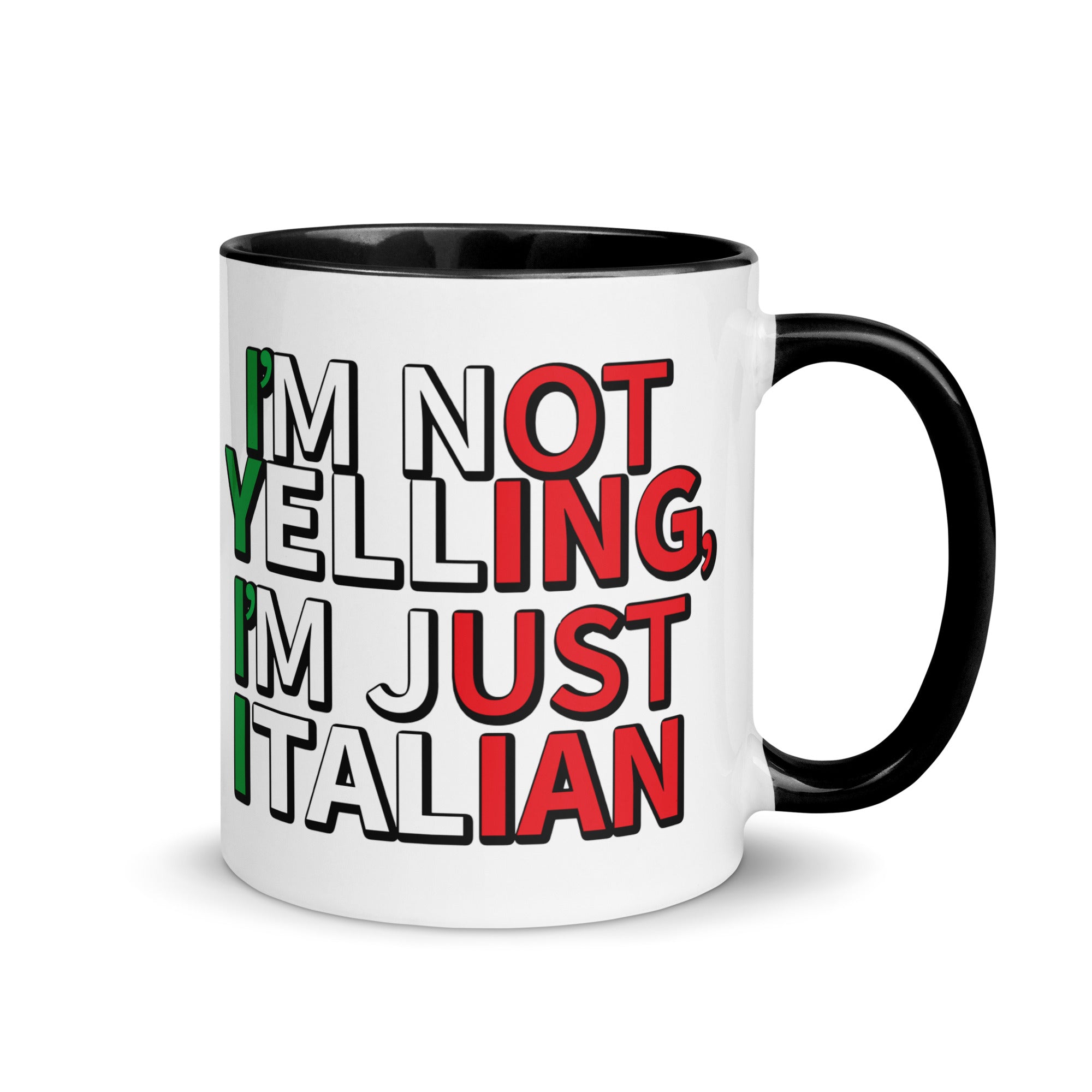 "I'm Not Yelling, I'm Just Italian" mug with a colorful interior